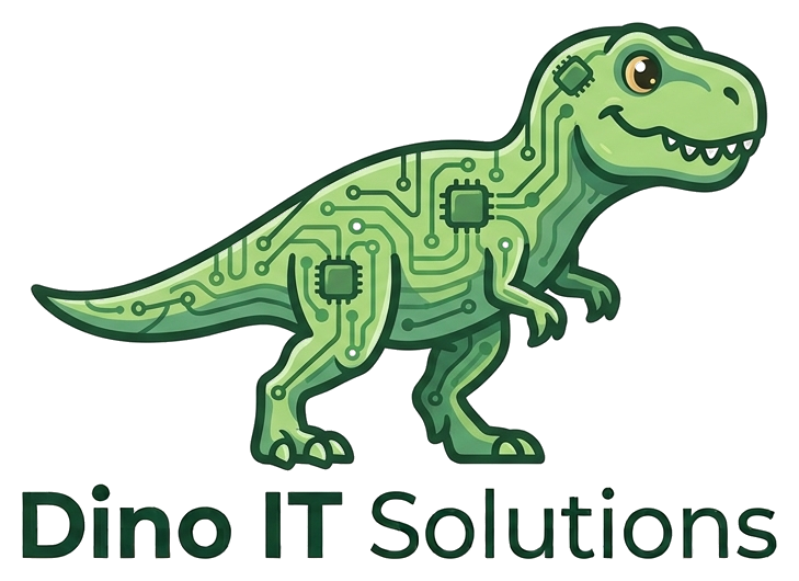 Dino IT Solutions logo — a green circuit-patterned T-Rex